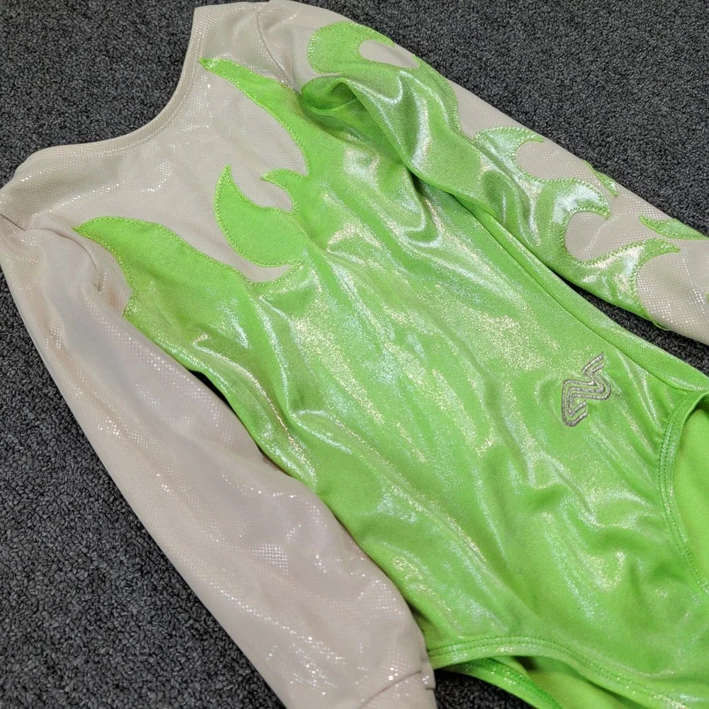 Alpha Factor Y2K Gymnastics Leotard Child M Green Metallic Flame Long Sleeve